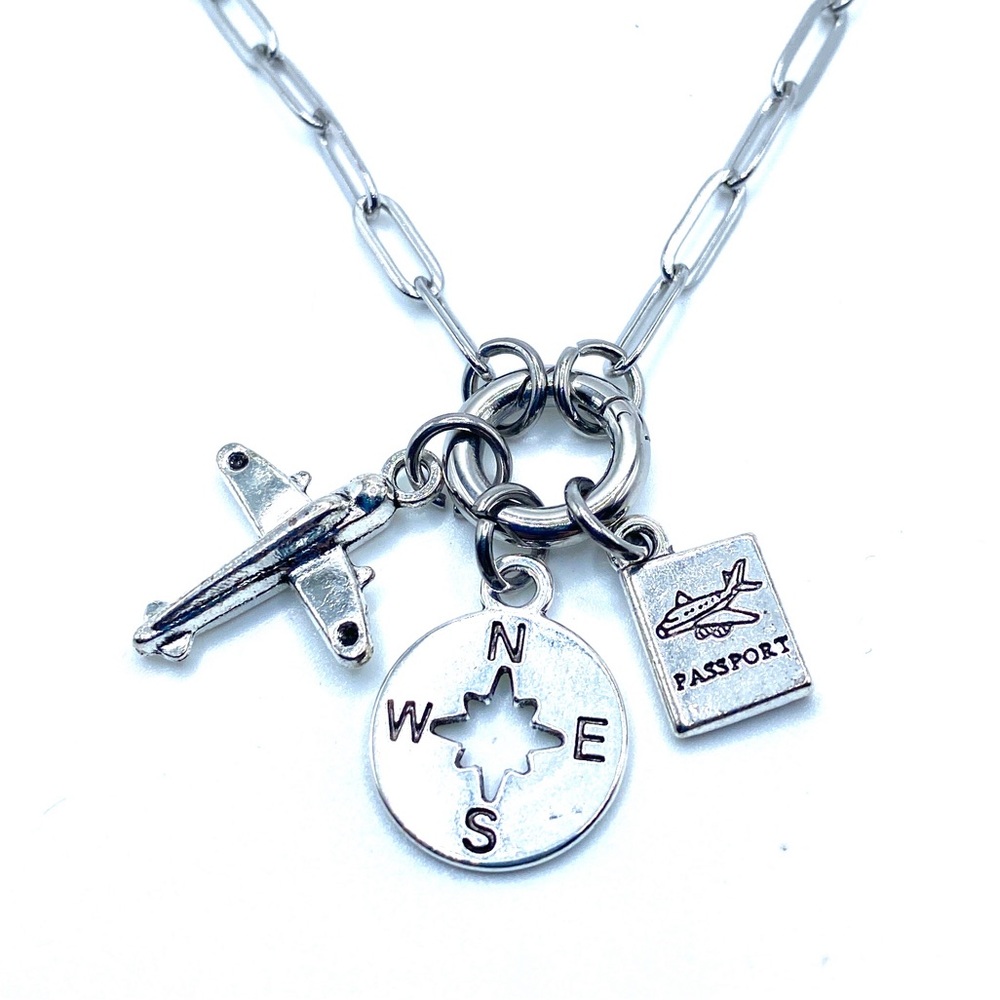 Travel Charm Holder Necklace Changeable Airplane Compass Passport
